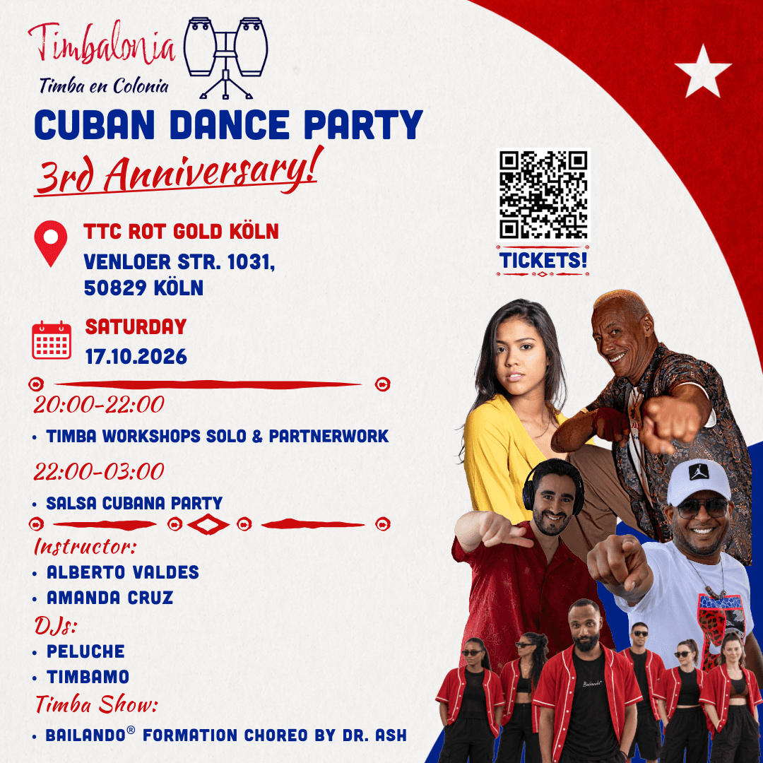 Flyer for the Timbalonia third anniversary party on October 17, 2026