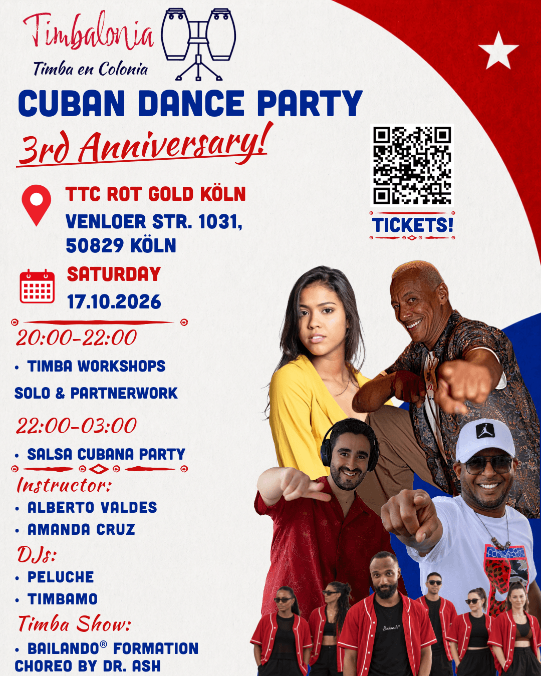 Flyer for the Timbalonia third anniversary party on October 17, 2026